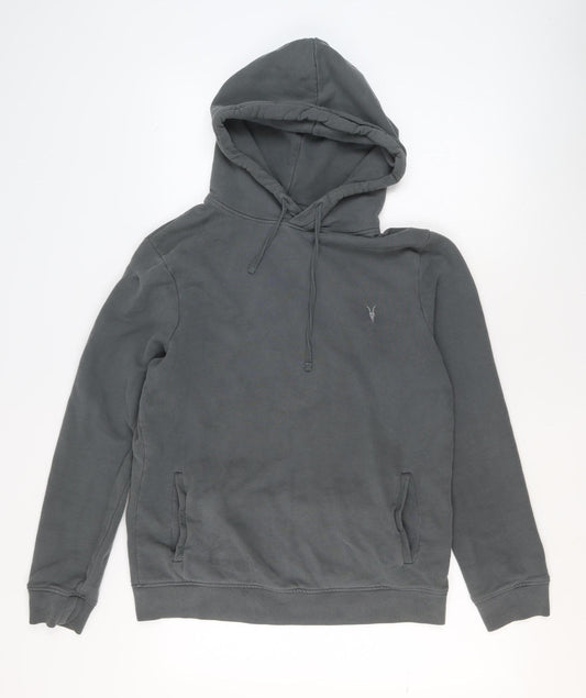AllSaints Men's Grey Pullover Hoodie Medium Cotton Blend