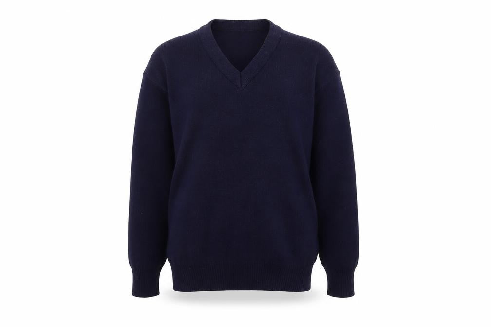 Front view of Hunter boys’ navy v-neck acrylic school jumper, size 32, long sleeve