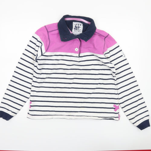 Lazy Jacks Women White Navy Pink Striped Henley Sweatshirt Size 10