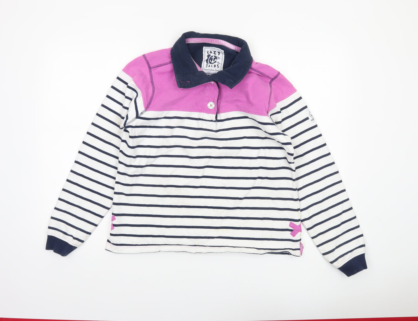 Lazy Jacks Women White Navy Pink Striped Henley Sweatshirt Size 10