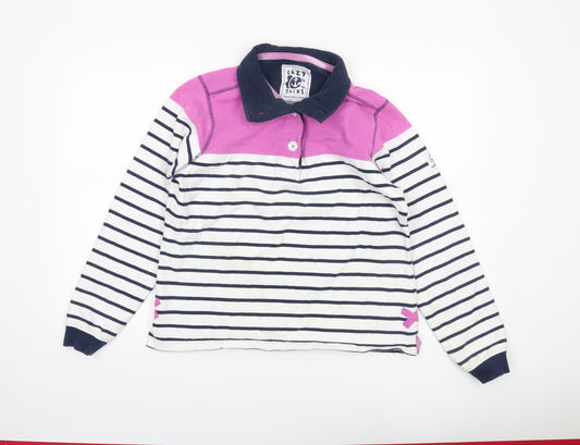 Lazy Jacks Women White Navy Pink Striped Henley Sweatshirt Size 10