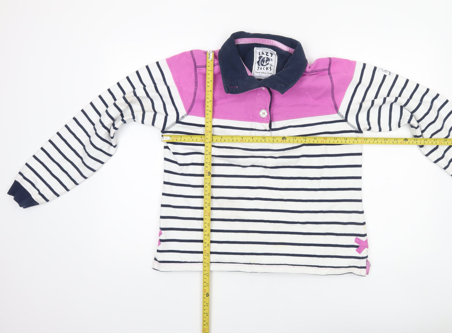 Lazy Jacks Women White Navy Pink Striped Henley Sweatshirt Size 10
