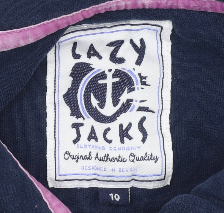 Lazy Jacks Women White Navy Pink Striped Henley Sweatshirt Size 10