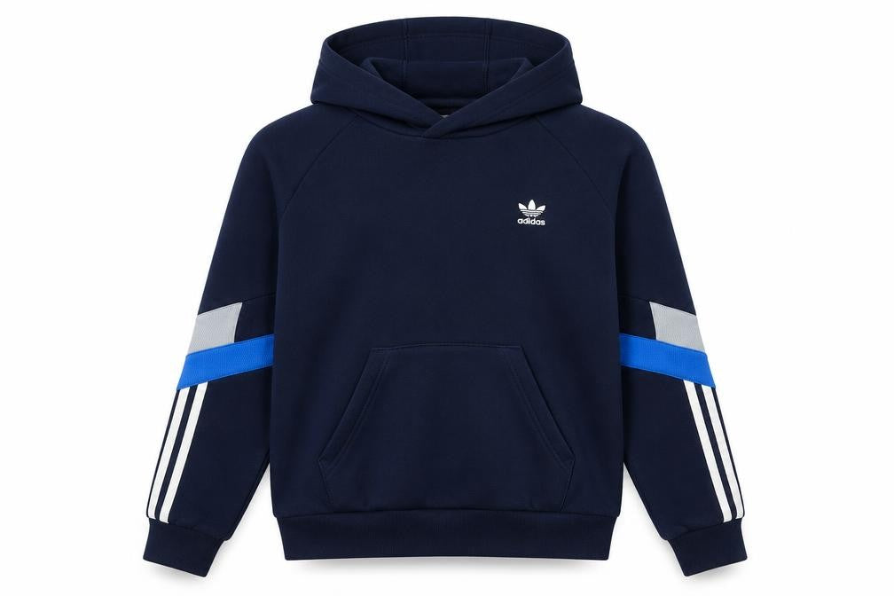 Front view of Adidas boys’ navy blue pullover hoodie 12-13 years cotton blend