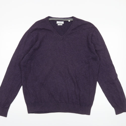 JP Cole Men's Purple V-Neck Cotton Jumper Size L Classic Knit