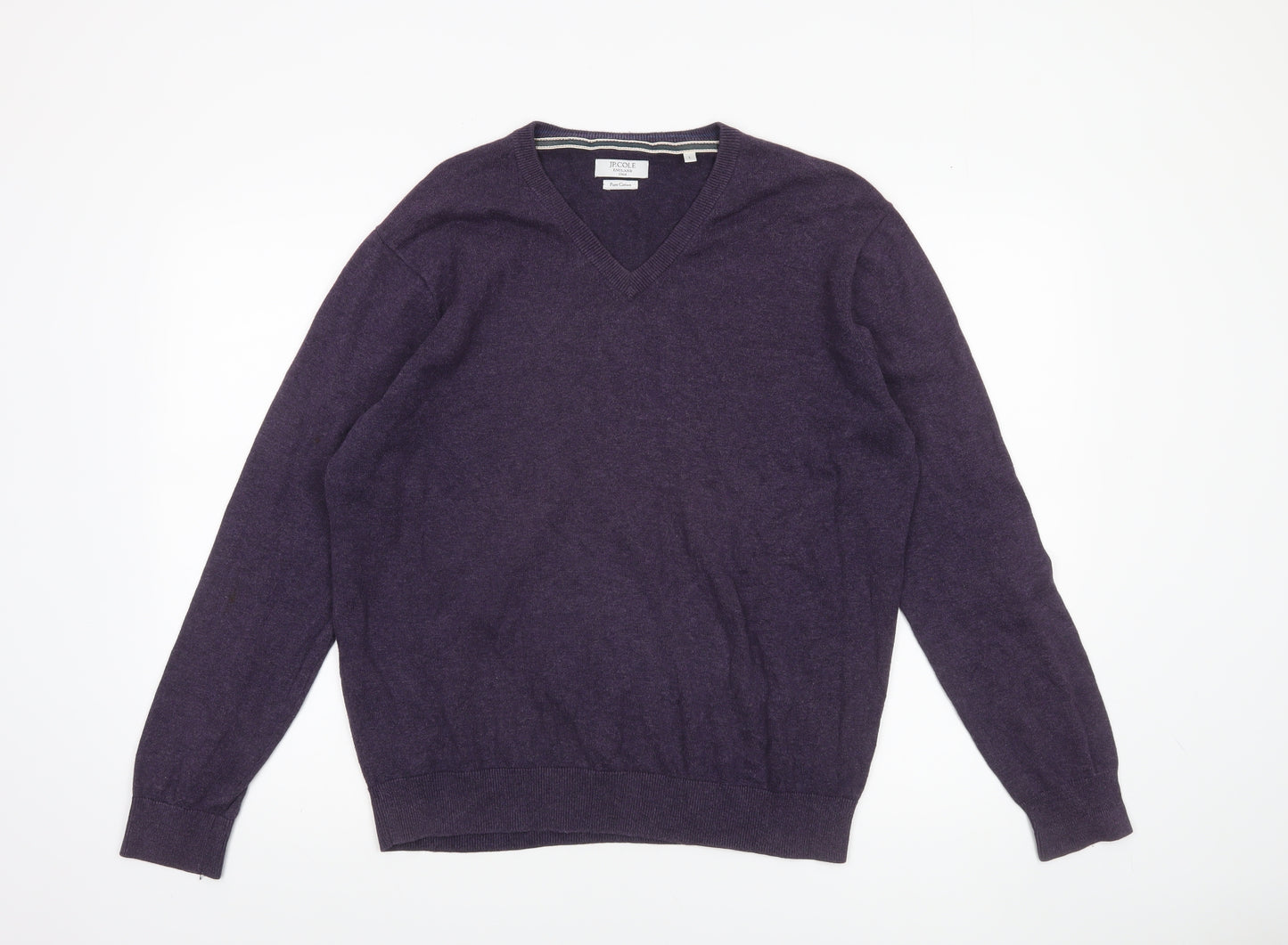 JP Cole Men's Purple V-Neck Cotton Jumper Size L Classic Knit