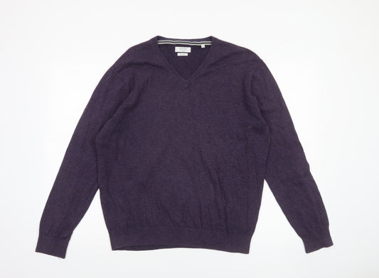 JP Cole Men's Purple V-Neck Cotton Jumper Size L Classic Knit