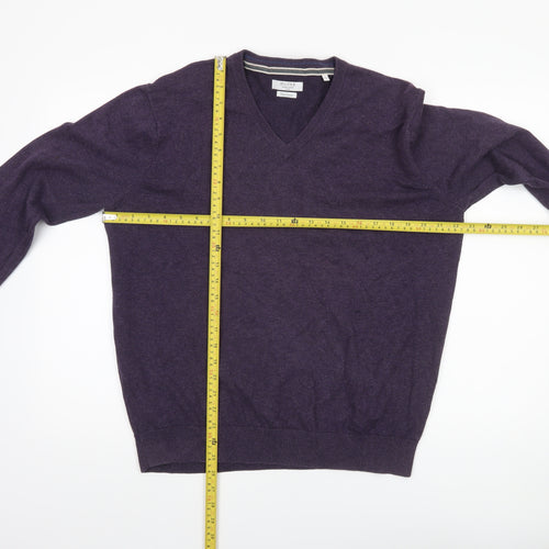 JP Cole Men's Purple V-Neck Cotton Jumper Size L Classic Knit