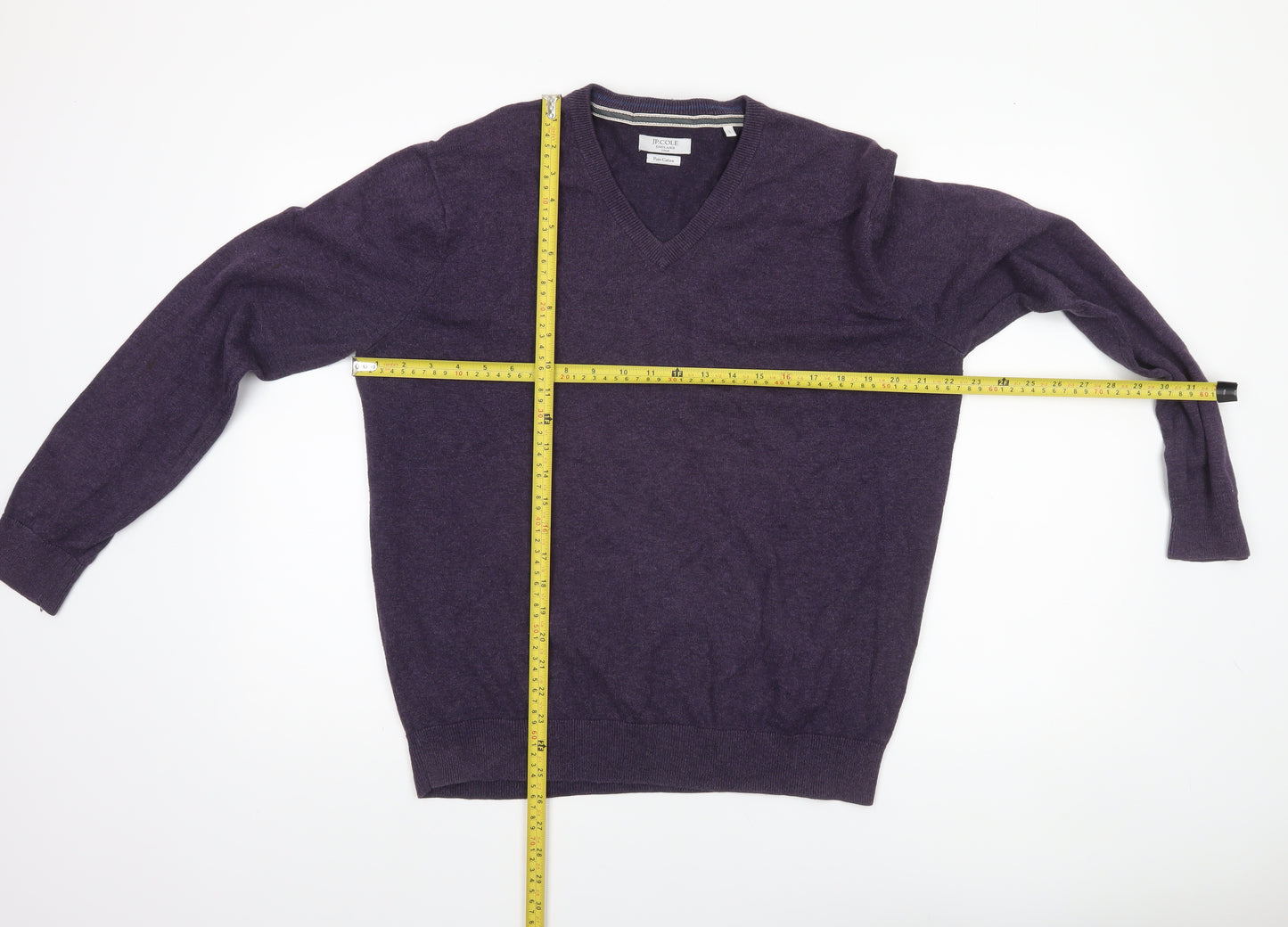 JP Cole Men's Purple V-Neck Cotton Jumper Size L Classic Knit