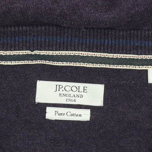 JP Cole Men's Purple V-Neck Cotton Jumper Size L Classic Knit