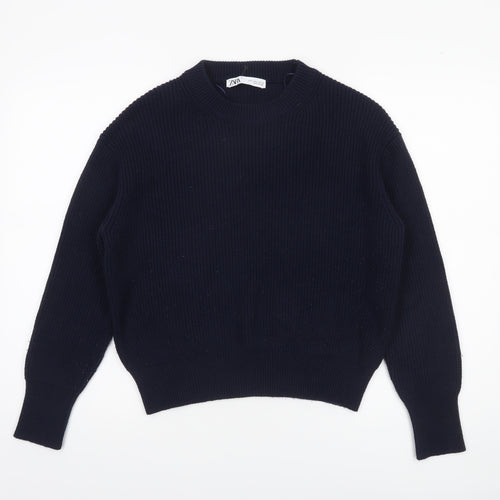 ZARA Women's Blue Knit Crew Neck Pullover Jumper Size S