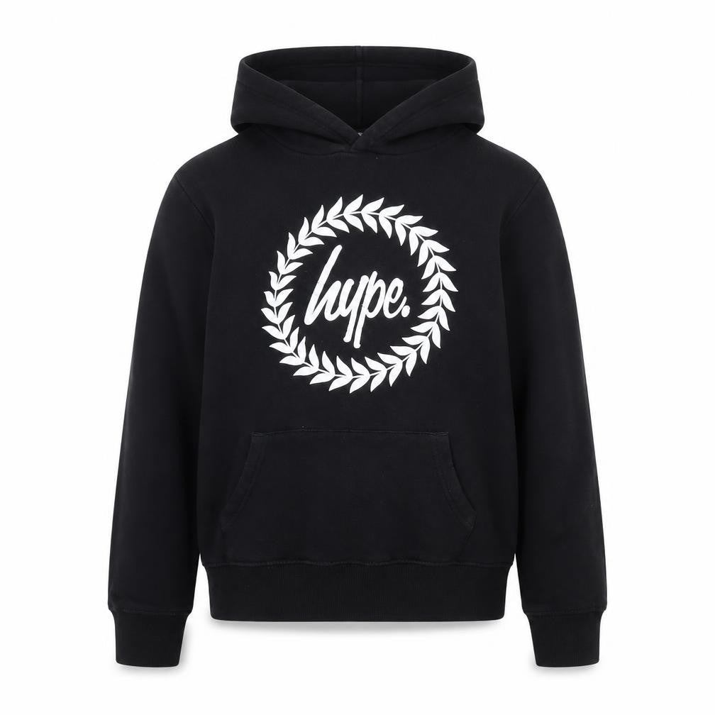 Front view of Hype boys’ black pullover hoodie 14 years cotton graphic print