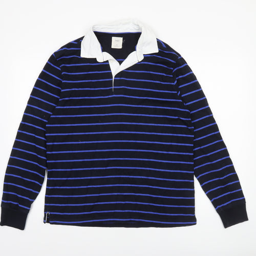 Marks and Spencer Men's Blue Striped Long Sleeve Rugby Polo Shirt M Cotton
