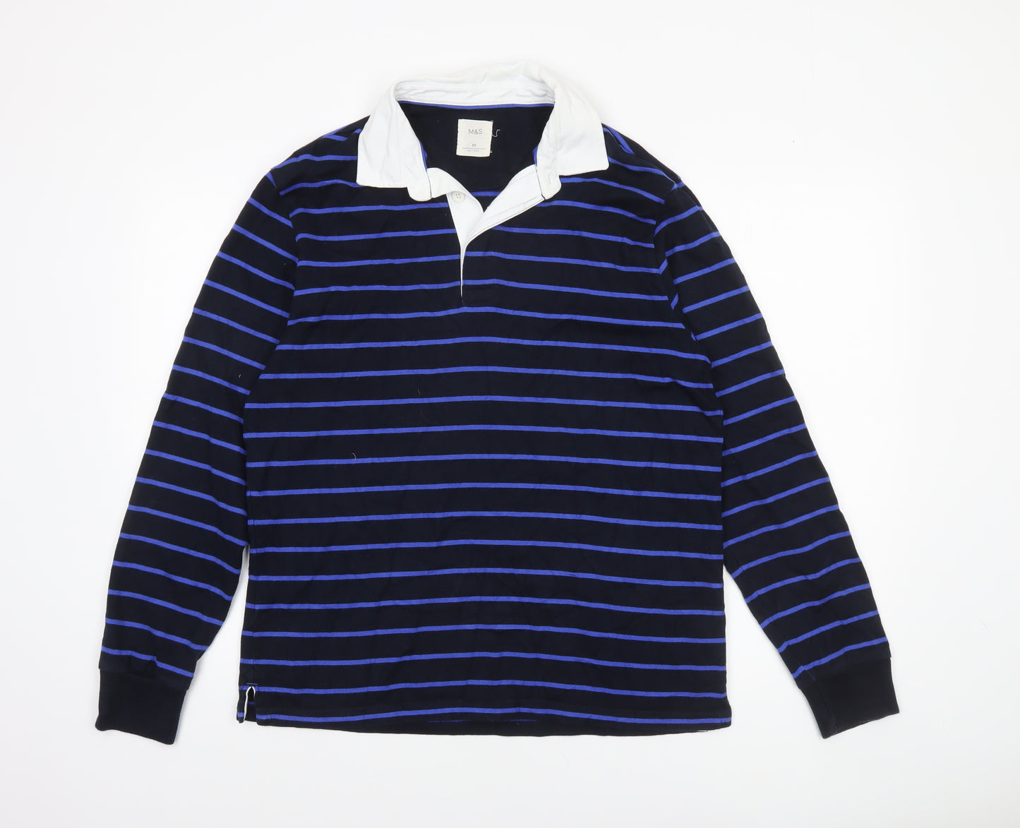 Marks and Spencer Men's Blue Striped Long Sleeve Rugby Polo Shirt M Cotton