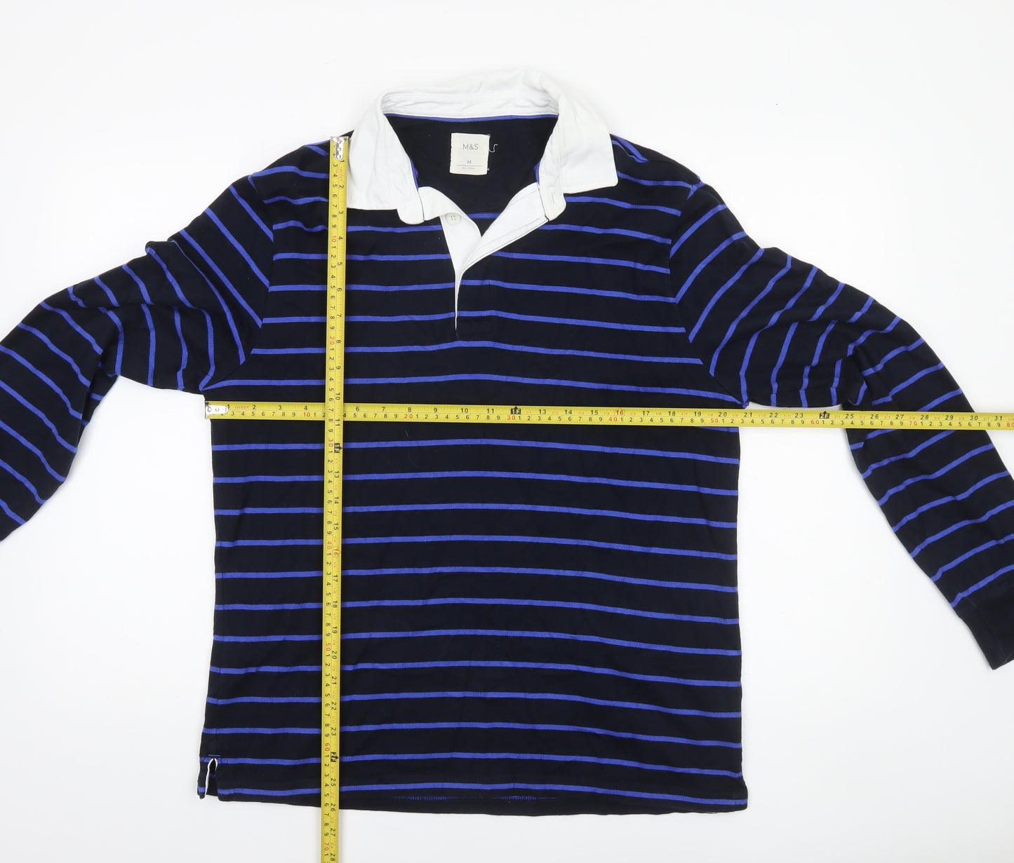 Marks and Spencer Men's Blue Striped Long Sleeve Rugby Polo Shirt M Cotton