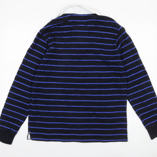 Marks and Spencer Men's Blue Striped Long Sleeve Rugby Polo Shirt M Cotton