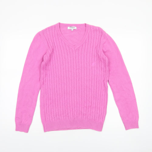 Tulchan Women's Pink V-Neck Cotton Cable Knit Jumper Size S