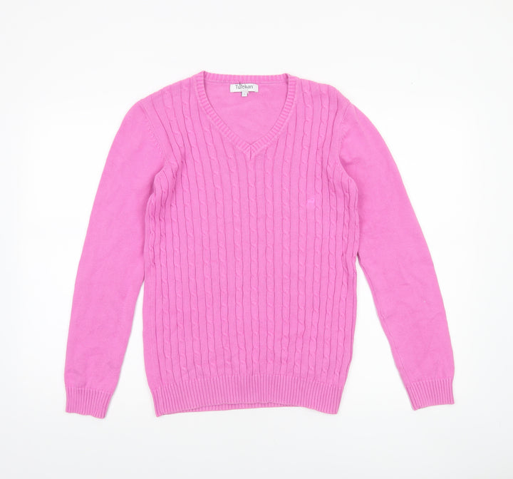 Tulchan Women's Pink V-Neck Cotton Cable Knit Jumper Size S