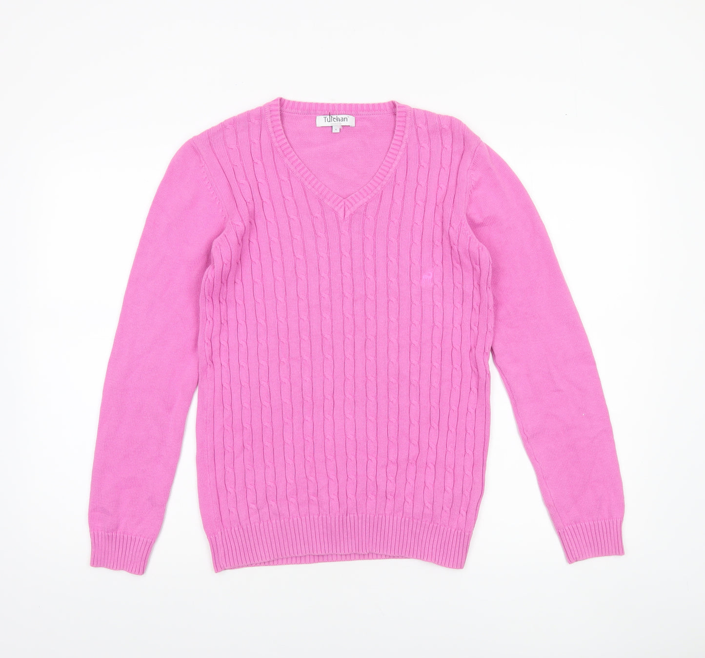 Tulchan Women's Pink V-Neck Cotton Cable Knit Jumper Size S