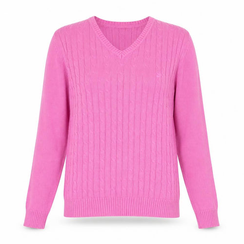 Tulchan Women's Pink V-Neck Cotton Cable Knit Jumper Size S