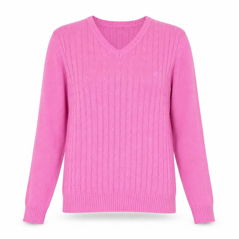Tulchan Women's Pink V-Neck Cotton Cable Knit Jumper Size S