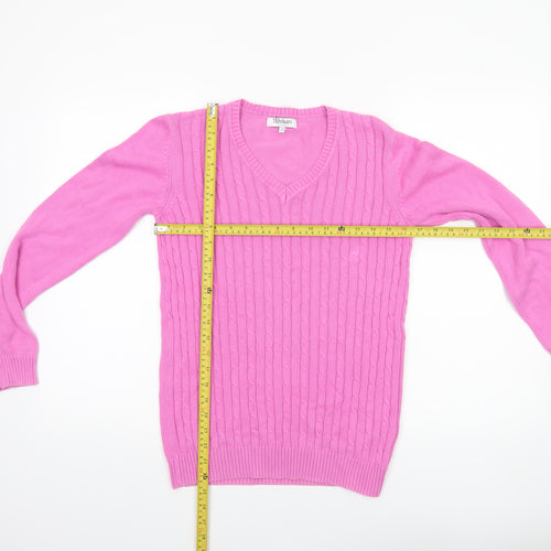 Tulchan Women's Pink V-Neck Cotton Cable Knit Jumper Size S