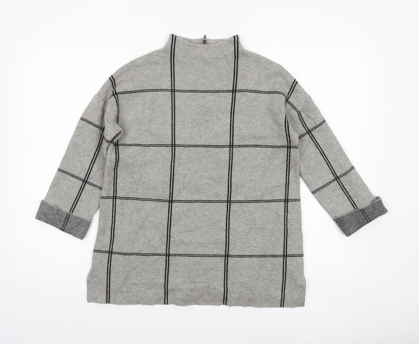 Tahari Women's Grey Checked Mock Neck Knit Jumper Size S