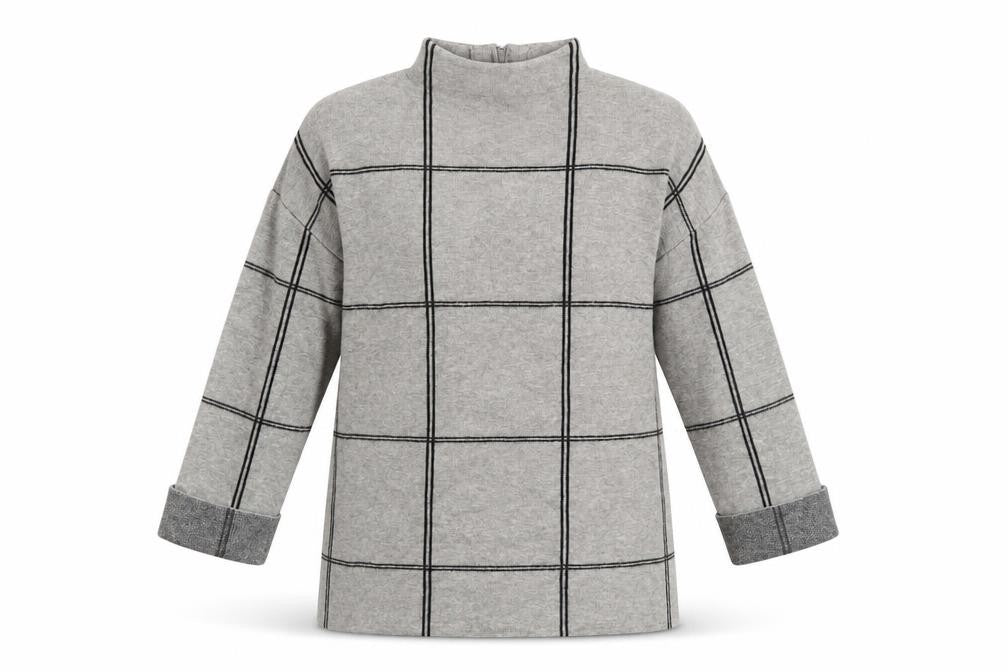 Front view of Tahari Women's Grey Checked Mock Neck Knit Jumper, size S