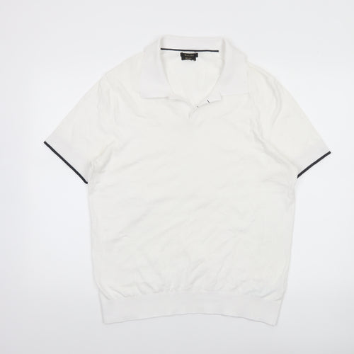 Massimo Dutti Men's White Cotton Blend Polo Shirt Size L