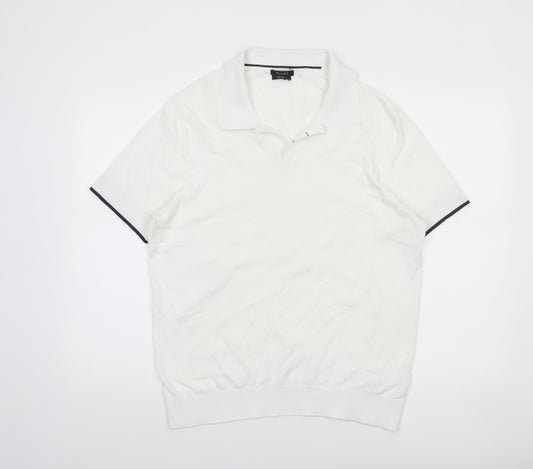 Massimo Dutti Men's White Cotton Blend Polo Shirt Size L