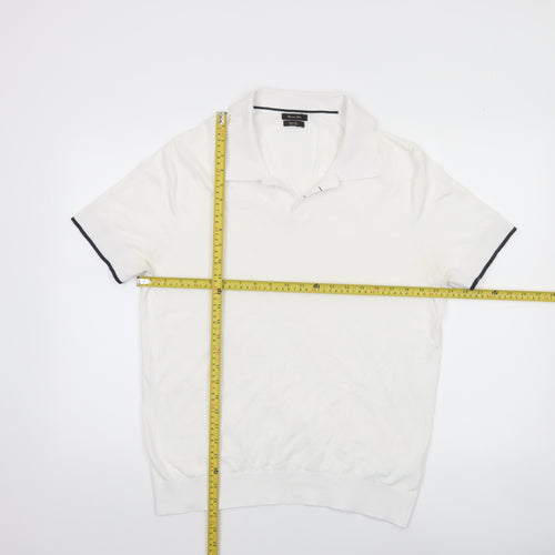 Massimo Dutti Men's White Cotton Blend Polo Shirt Size L