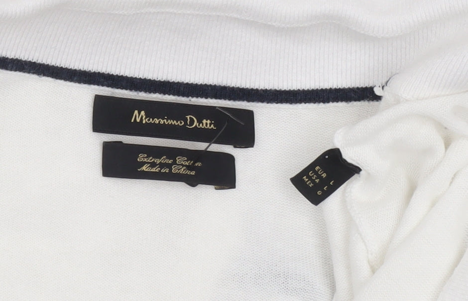 Massimo Dutti Men's White Cotton Blend Polo Shirt Size L