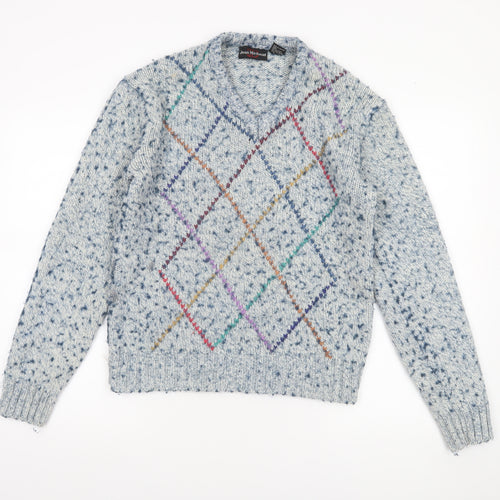 Jean Michaud Men's Blue Argyle Chunky-Knit Wool Blend Pullover Jumper M