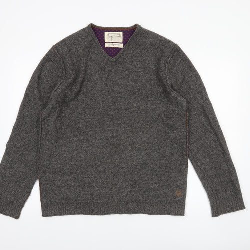 White Stuff Men's Grey Lambswool V-Neck Jumper Size L