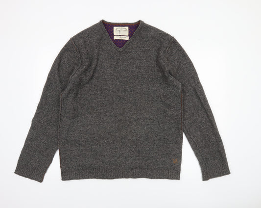 White Stuff Men's Grey Lambswool V-Neck Jumper Size L