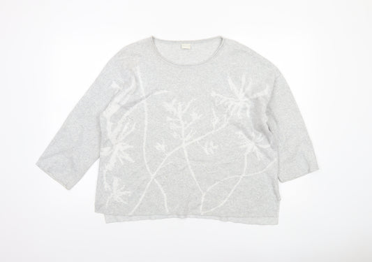 Poetry Women Grey Floral Knit Cotton Jumper UK 12 Relaxed Fit
