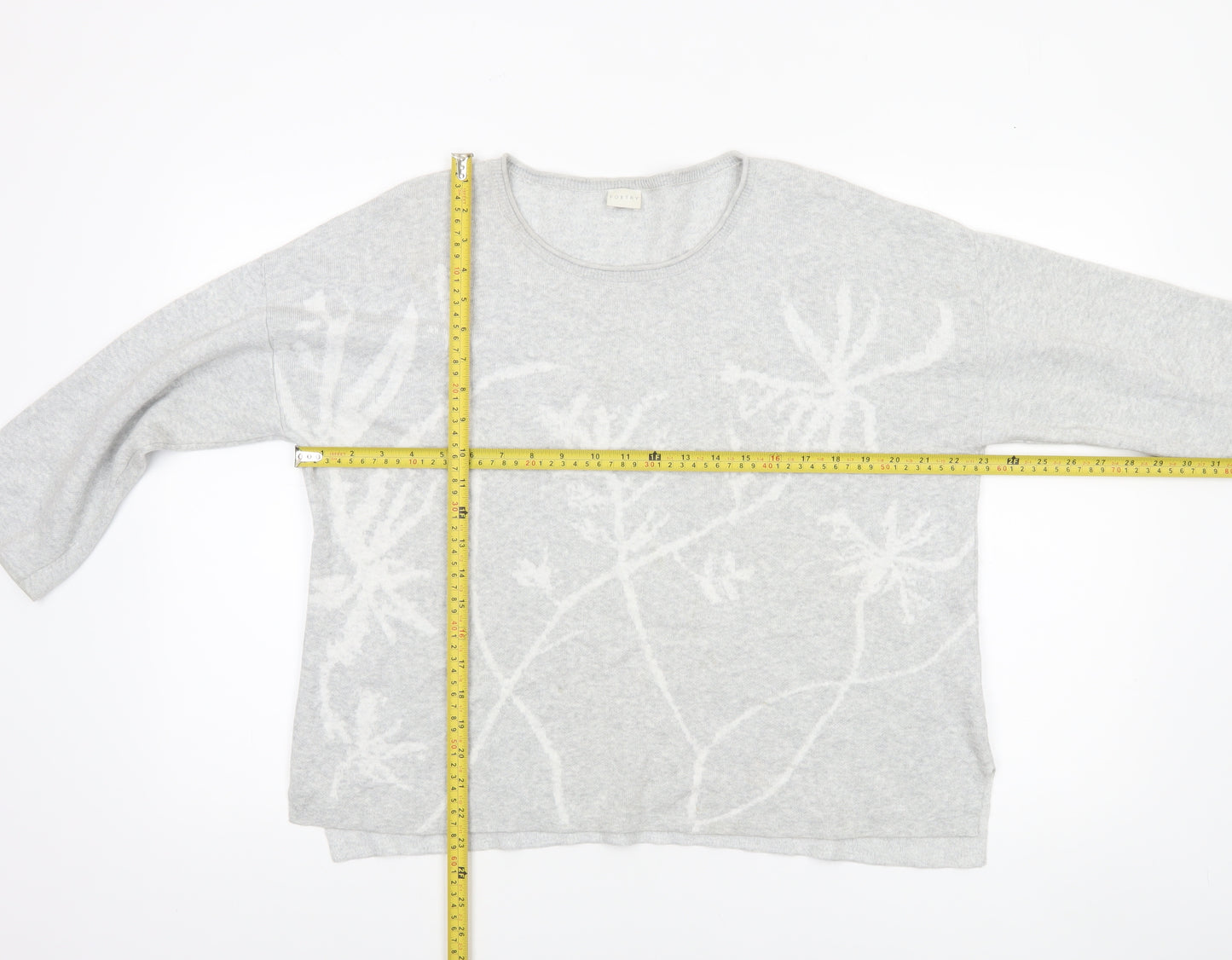 Poetry Women Grey Floral Knit Cotton Jumper UK 12 Relaxed Fit