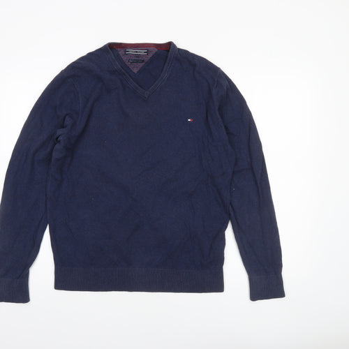 Tommy Hilfiger Men's Blue V-Neck Pullover Jumper M Cotton Cashmere