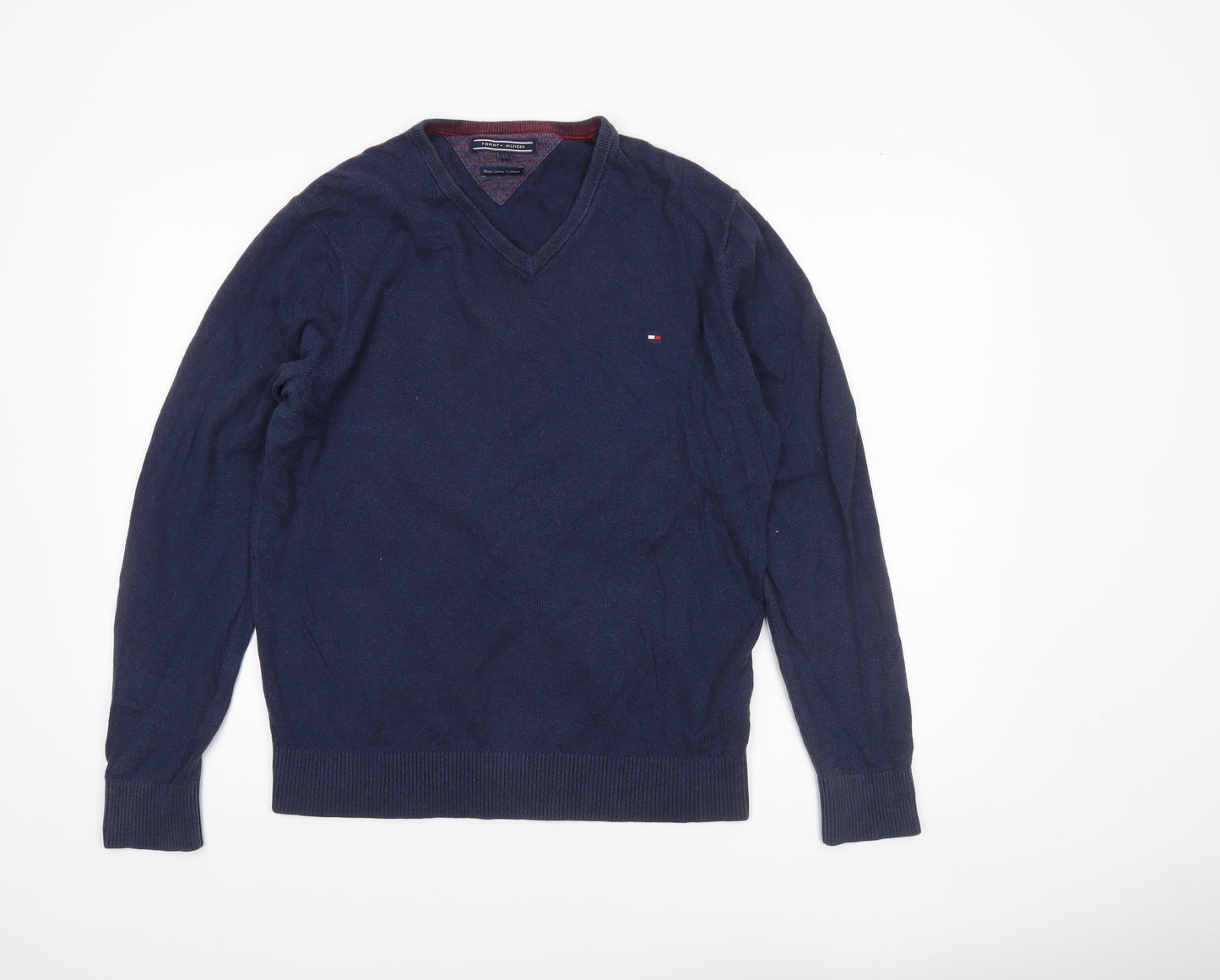 Tommy Hilfiger Men's Blue V-Neck Pullover Jumper M Cotton Cashmere