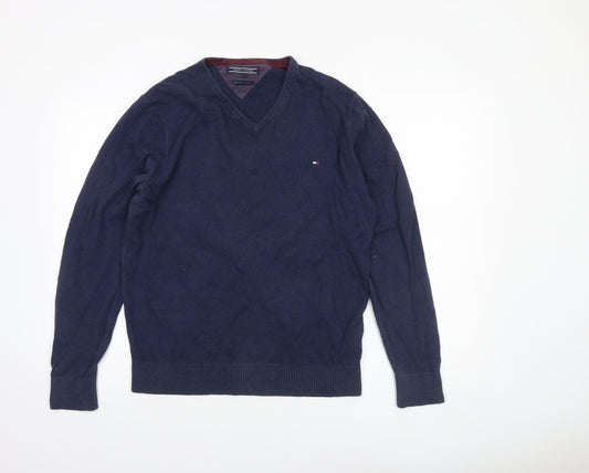 Tommy Hilfiger Men's Blue V-Neck Pullover Jumper M Cotton Cashmere