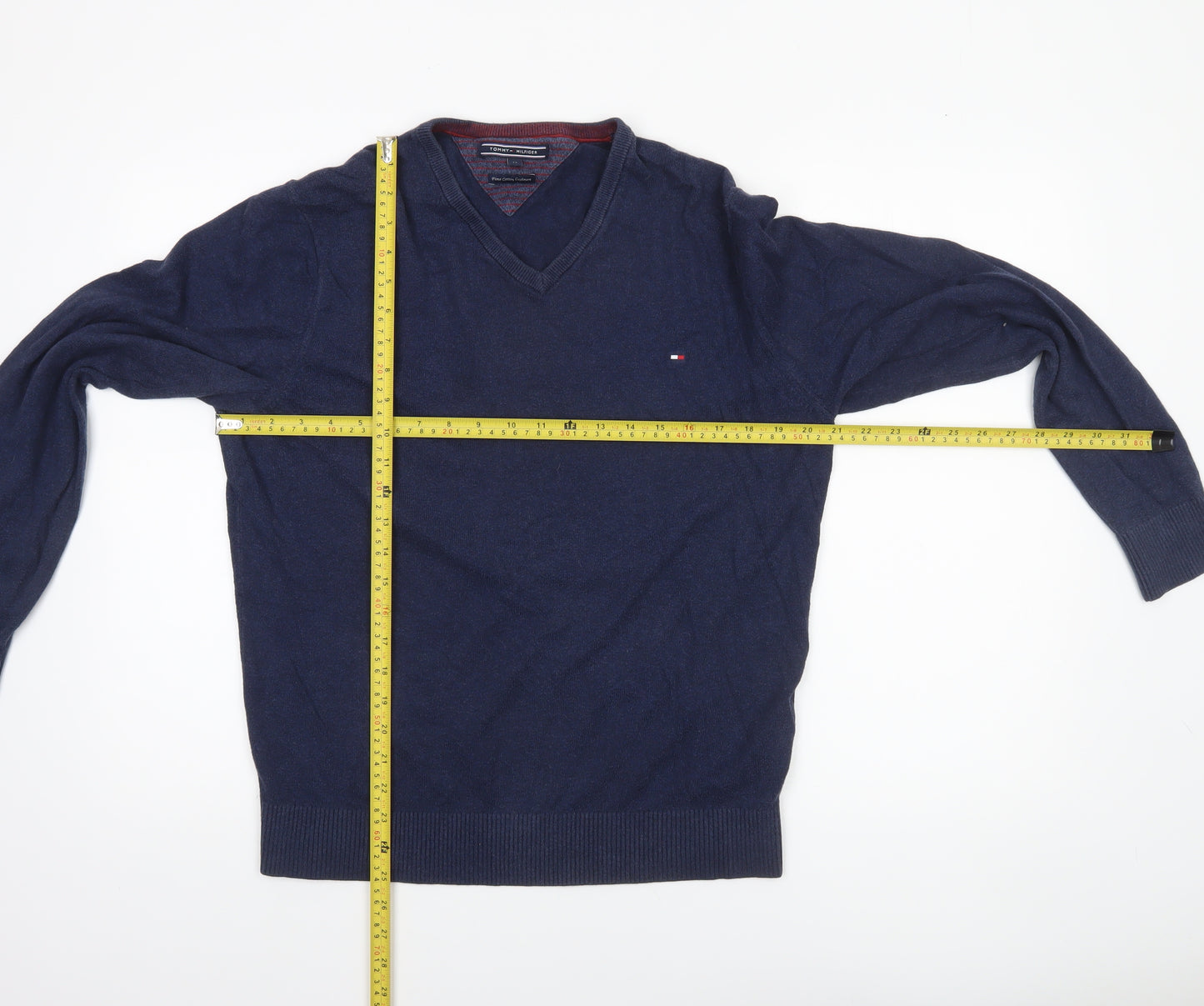 Tommy Hilfiger Men's Blue V-Neck Pullover Jumper M Cotton Cashmere