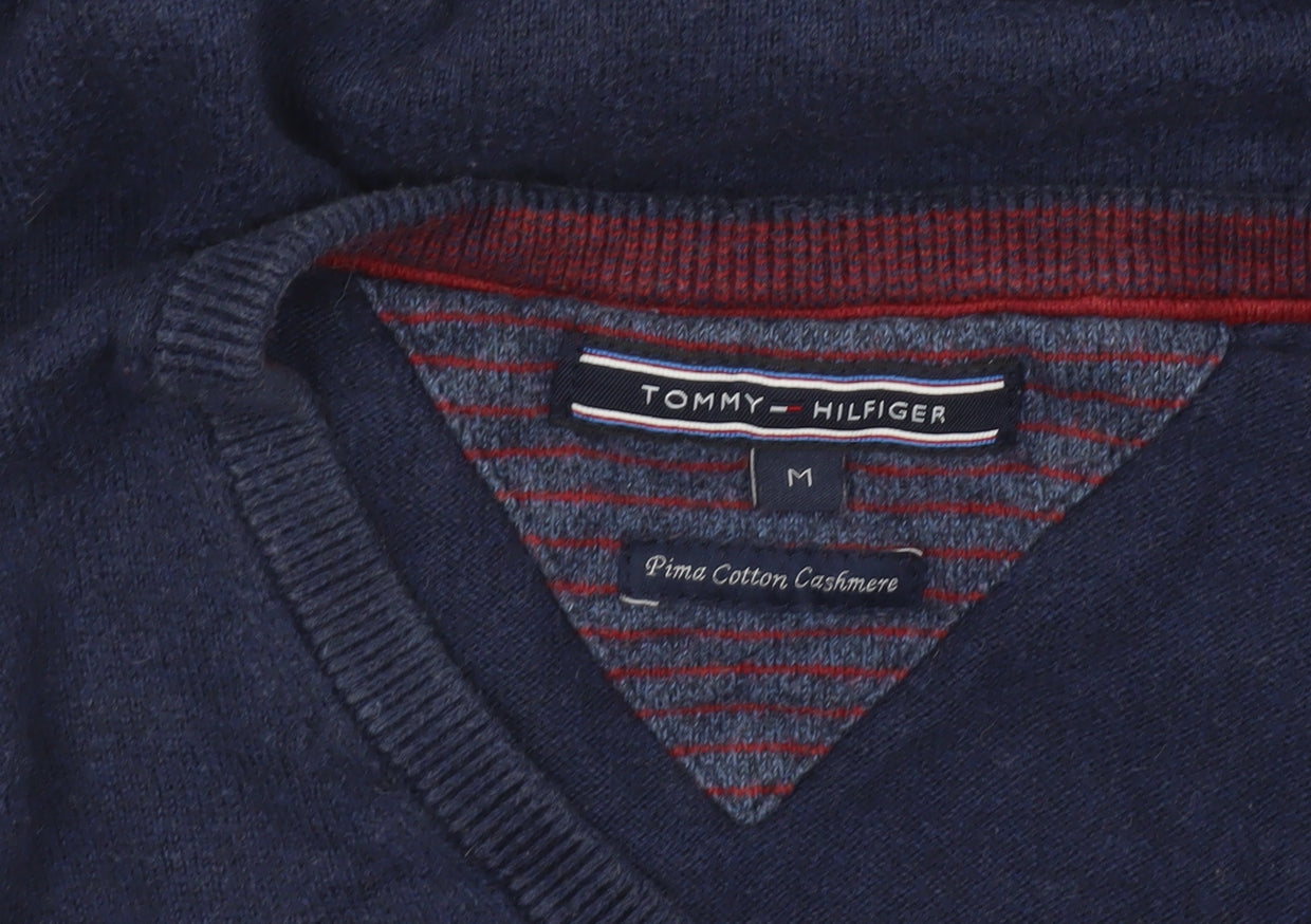 Tommy Hilfiger Men's Blue V-Neck Pullover Jumper M Cotton Cashmere
