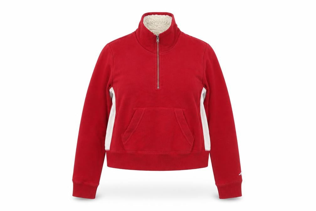 Front view of Hollister Women Red 1/4 Zip Sherpa Lined Pullover Sweatshirt XS