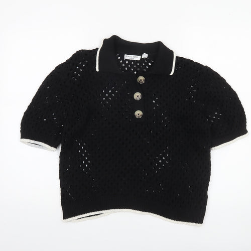 Brave Soul Women's Black Open Knit Collared Henley Jumper L