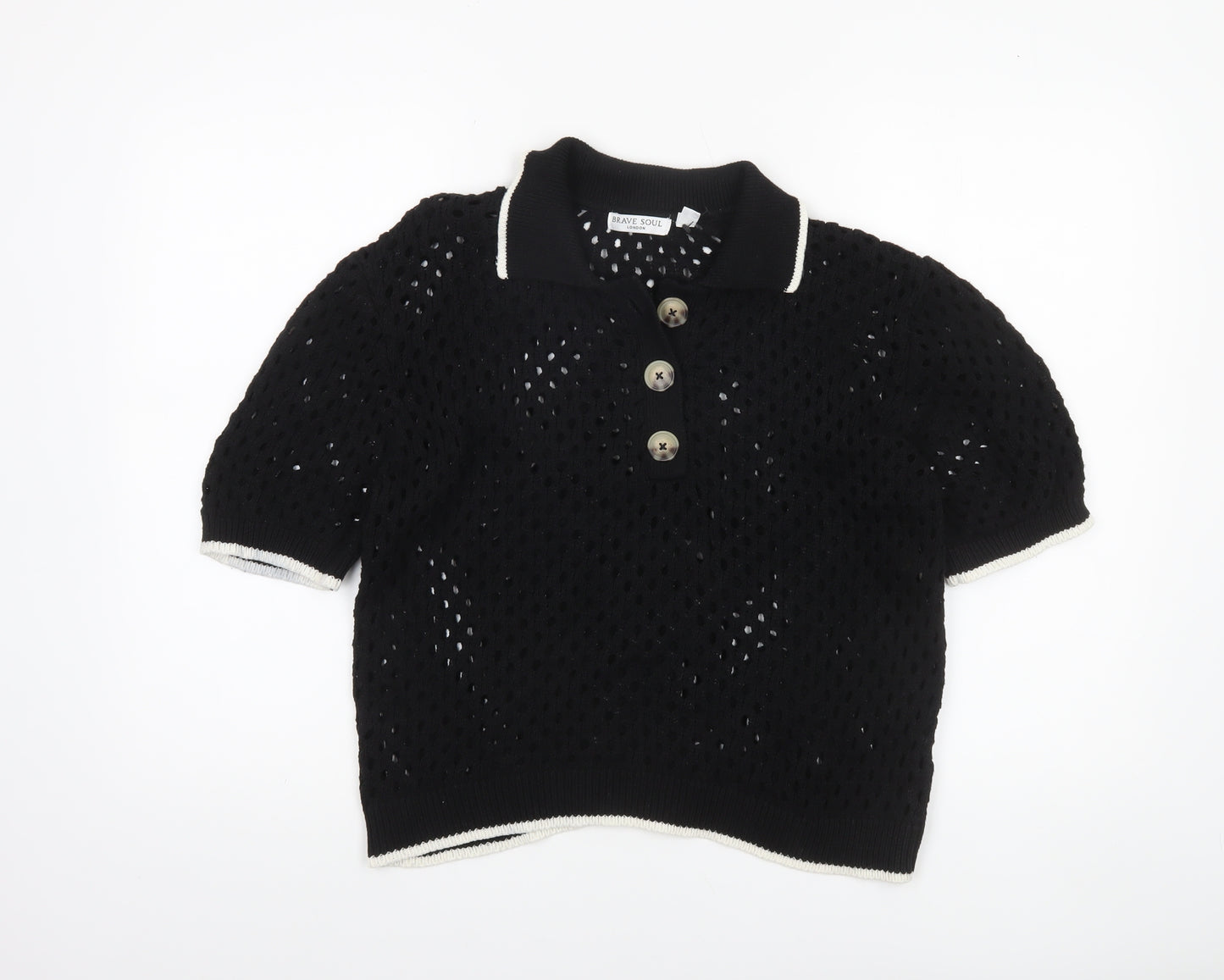 Brave Soul Women's Black Open Knit Collared Henley Jumper L