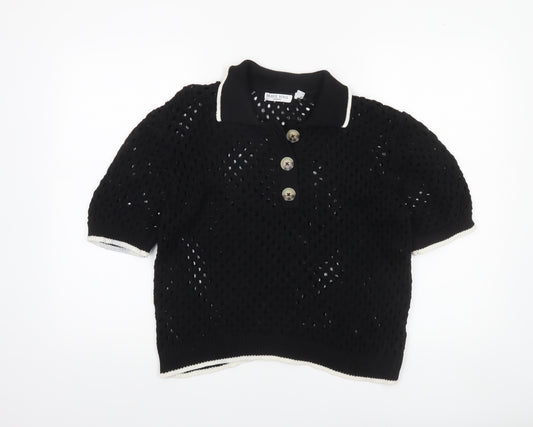 Brave Soul Women's Black Open Knit Collared Henley Jumper L