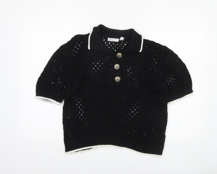 Brave Soul Women's Black Open Knit Collared Henley Jumper L