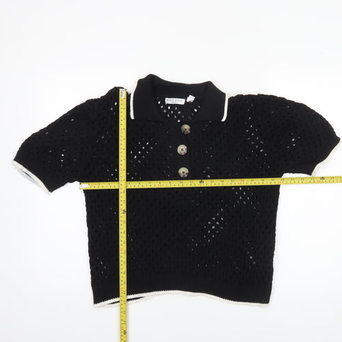 Brave Soul Women's Black Open Knit Collared Henley Jumper L