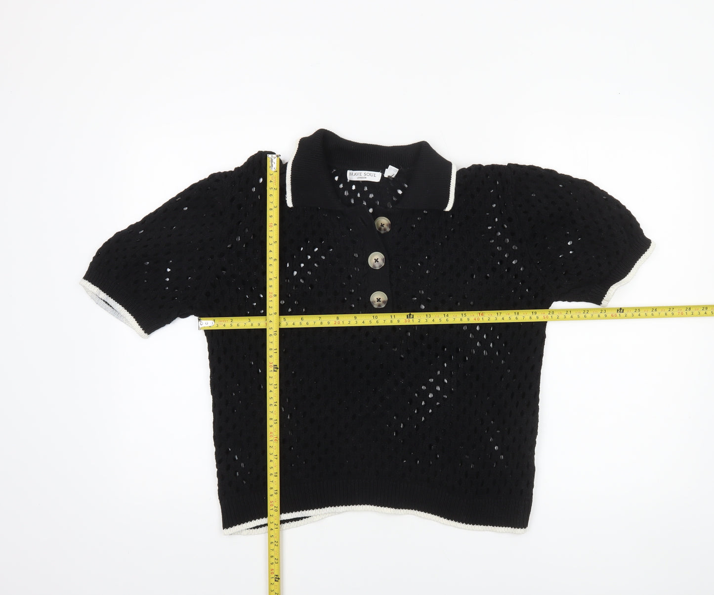 Brave Soul Women's Black Open Knit Collared Henley Jumper L