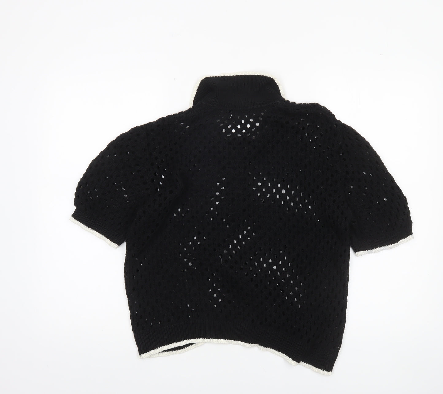 Brave Soul Women's Black Open Knit Collared Henley Jumper L